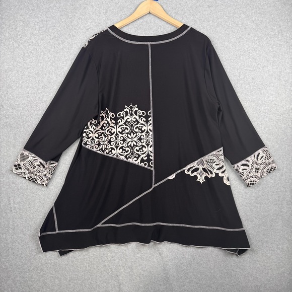 Ali Miles Top Womens XL Black White 3/4 Sleeve Tunic V Neck Boho Artsy Stretch - Picture 2 of 8